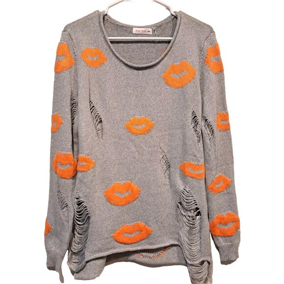 Love Tree Kisses Lips All-Over Print Distressed Ripped Gray Sweater Sz S/M NWOT - Picture 1 of 8